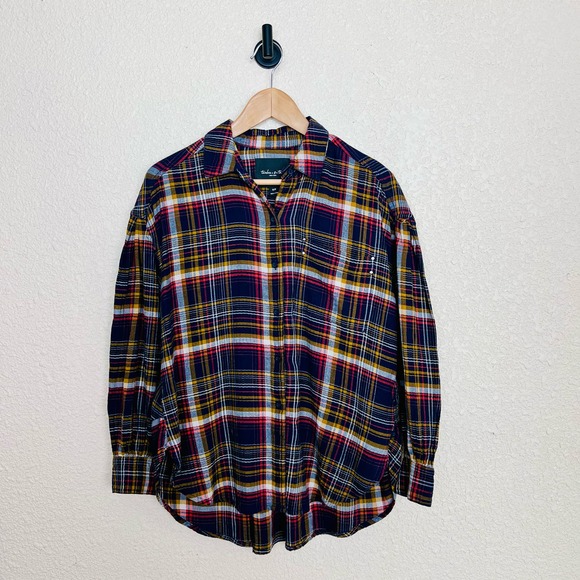 Twelve-O-Two Plaid Button Down Top size Small Blue Multi Studded Hi/Low - Picture 3 of 12